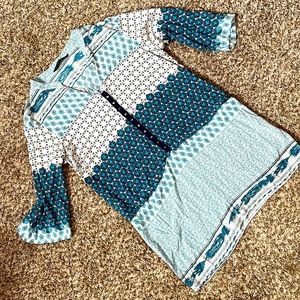 Zara Basic Morocco Tunic Dress Teal White Navy womens XL Bell sleeves